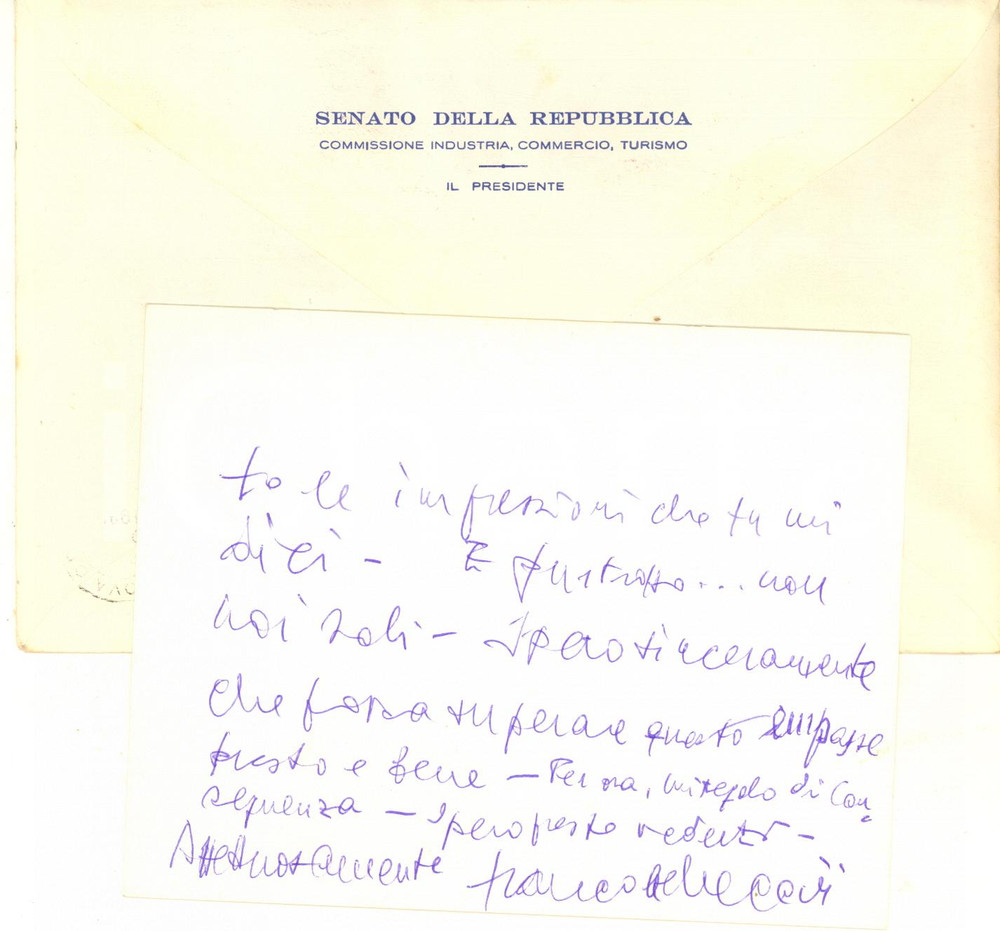 1983 ROMA Biglietto senatore Francesco REBECCHINI per ringraziamento - AUTOGRAFO Biglietto interamente autografo del senatore, con busta viaggiata.Intestazione "Senato della Repubblica - Commissione Industria, Commercio e Turismo".Su due facciate. GOOD/buono  Formato: 14x11 cm originale e autentica 1