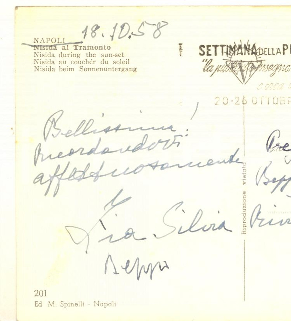 1958 NAPOLI Cartolina Silvia RODELLA scrittrice - Nisida al tramonto *AUTOGRAFO Cartolina postale d'epoca, autografa della scrittrice padovana Silvia Rodella, viaggiata. GOOD/buono  Formato: 15x10 cm originale e autentica 1