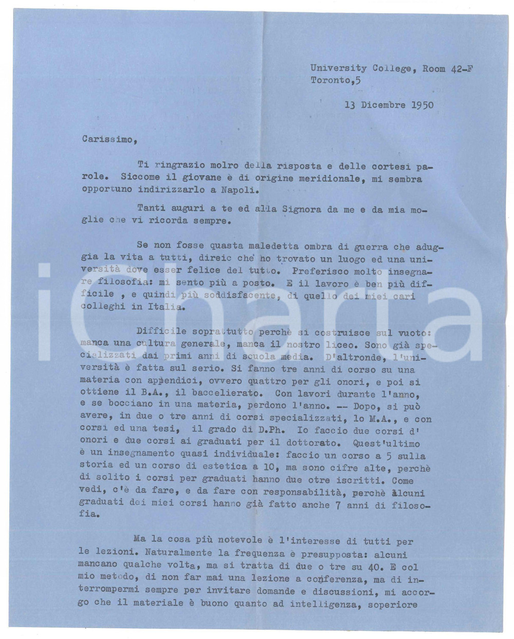 1950 TORONTO Mario M. ROSSI e l'università in Canada - AUTOGRAFO Lettera dattiloscritta, con firma autografa del filosofo e anglista Mario Manlio Rossi.PAGINE: 1 (2 facciate) FAIR/discreto piegature d'epoca  originale e autentica 1