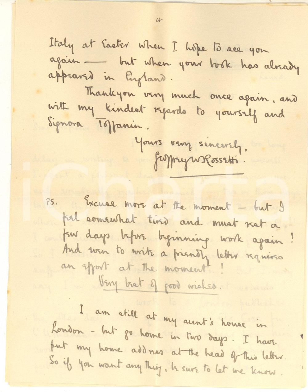 1929 BOLTON (LANCASHIRE) Geoffrey W. ROSSETTI about a translation - AUTOGRAPH Lettera interamente autografa di Geoffrey W. Rossetti a uno studioso italiano, relativa alla traduzione di una sua opera.PAGINE: 4 facciate FAIR/discreto piegature d'epoca  originale e autentica 1