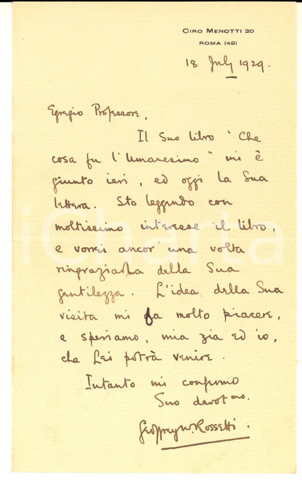 1929 ROMA Geoffrey W. ROSSETTI ringrazia per libro ricevuto - AUTOGRAFO Lettera interamente autografa di Geoffrey W. Rossetti a uno studioso italiano.Busta viaggiata.PAGINE: 4 (1 facciata scritta) FAIR/discreto piegature d'epoca  originale e autentica 1