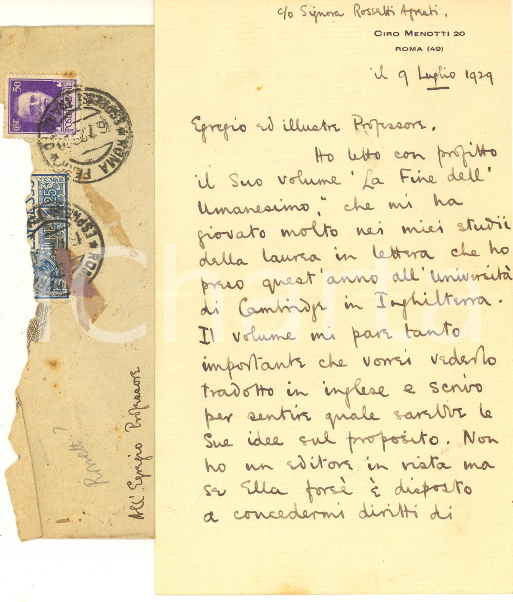1929 ROMA Geoffrey W. ROSSETTI ringrazia per volume ricevuto - AUTOGRAFO Lettera interamente autografa di Geoffrey W. Rossetti a uno studioso italiano.Busta viaggiata.PAGINE: 4 (2 facciate scritte) FAIR/discreto piegature d'epoca  originale e autentica 1