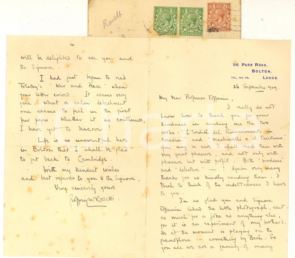 1929 BOLTON (LANCASHIRE) Geoffrey W. ROSSETTI receives two books - AUTOGRAPH Lettera interamente autografa di Geoffrey W. Rossetti a uno studioso italiano.Busta viaggiata.PAGINE: 4 facciate + bozza (1 facciata) FAIR/discreto piegature d'epoca  originale e autentica 1