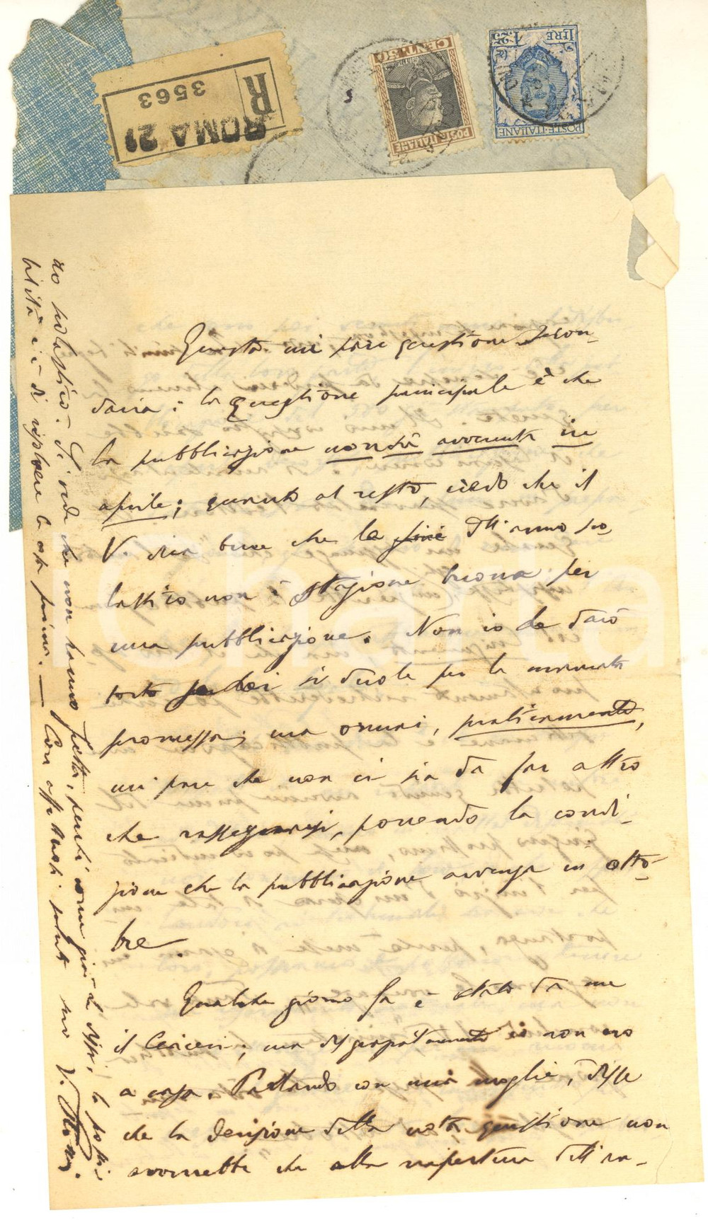 1928 ROMA Lettera Vittorio ROSSI sulle beghe editoriali - AUTOGRAFO Lettera autografa del letterato e filologo Vittorio Rossi.Busta viaggiata.PAGINE: 4 facciate POOR/danneggiato strappi  originale e autentica 1