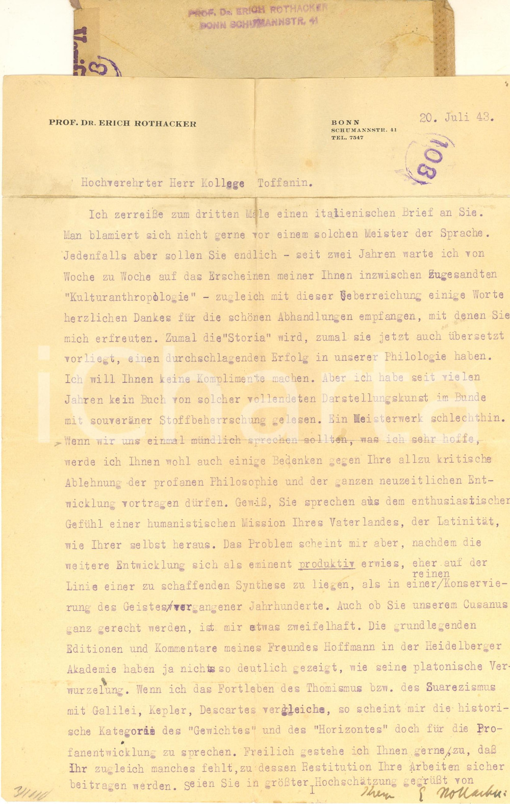 1943 BONN Filosofo  Erich ROTHACKER - Lettera a un collega - AUTOGRAFO Lettera dattiloscritta in lingua tedesca, con firma autografa, del filosofo Erich Rothacker a un collega italiano.Carta intestata e busta viaggiata.PAGINE: 1 FAIR/discreto piegature d'epoca  originale e autentica 1