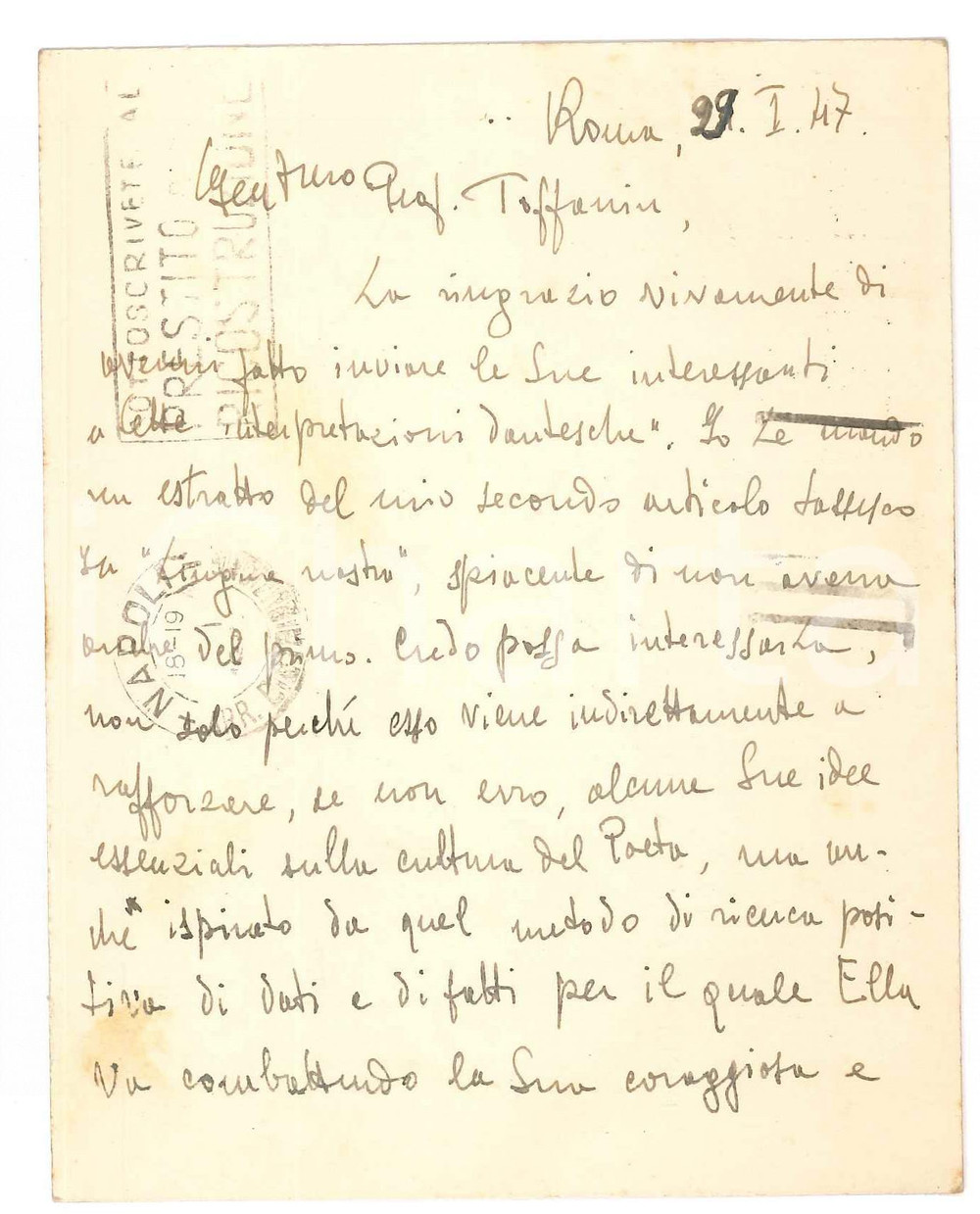 1947 ROMA Ruggero Maria RUGGERI - Cartolina per articolo su Tasso - AUTOGRAFO Cartolina postale autografa del filologo, intestata e viaggiata. GOOD/buono lievi macchie Formato: 14x11 cm originale e autentica 1