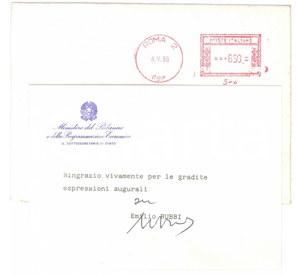 1988 ROMA Biglietto Emilio RUBBI - Sottosegretario Bilancio - AUTOGRAFO Biglietto a stampa, con firma e inserto autografo.Busta viaggiata.Intestazione "Ministero del Bilancio e della Programmazione Economica - Il Sottosegretario di Stato ". GOOD/buono  Formato: 14x10 cm originale e autentica 1