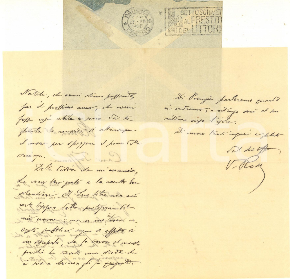 1926 ROMA Lettera Vittorio ROSSI per auguri e ringraziamenti - AUTOGRAFO Lettera autografa del letterato e filologo Vittorio Rossi.Busta viaggiata.PAGINE: 4 (3 facciate scritte) GOOD/buono   originale e autentica 1