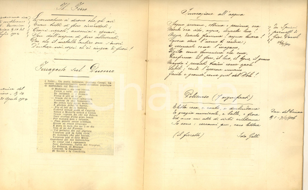 1904-1913 MILANO Silvio TAMBURINI Notizie milanesi - Rassegna stampa ritagli n°2  Interessante quaderno, contenente una rassegna stampa relativa alla citt&agrave; di Milano (la doratura della Madonnina, il Teatro dei Filodrammatici, ecc.) realizzata con i ritagli tratti dai giornali italiani dell'epoca.Sono inseriti versi e appunti manoscritti.PAGINE: 16 POOR/danneggiato buone condizioni interne, ma distacco della copertina Formato: 18x24 cm originale e autentica 1