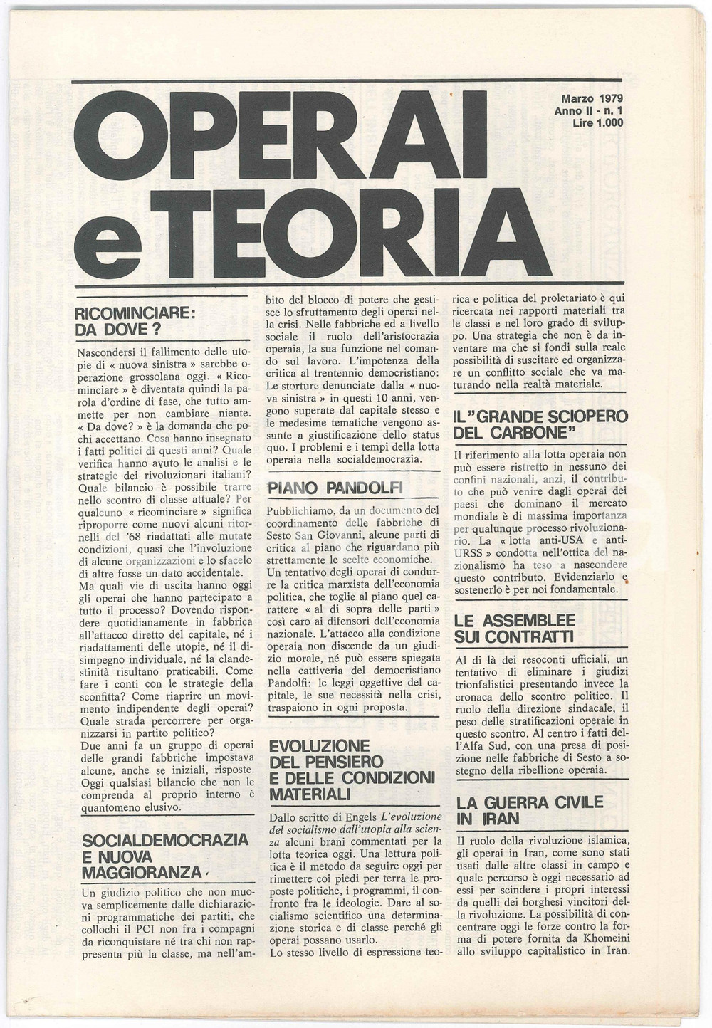 Giornale, rivista storica 1979 OPERAI E TEORIA Piano PANDOLFI  Sciopero del carbone  Rivista nÂ° 1 1