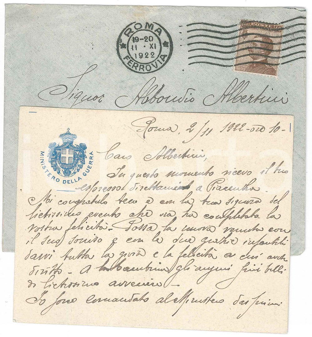 1922 ROMA MINISTERO DELLA GUERRA Biglietto congratulazioni di un funzionario Biglietto autografo, su due facciate, con busta viaggiata. GOOD/buono  Formato: 12x9 cm originale e autentica 1