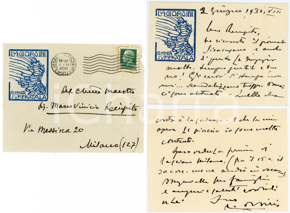 1930 IMOLA Luigi ORSINI ringrazia per giornale ricevuto - AUTOGRAFO Biglietto interamente autografo, scritto su entrambe le facciate.Busta e biglietto con intestazione "Luigi Orsini - Omnia Superat Ala".CONDIZIONI: G (ma residui cartacei sulla busta)FORMATO: 14x10 cm (biglietto)      originale e autentica 1