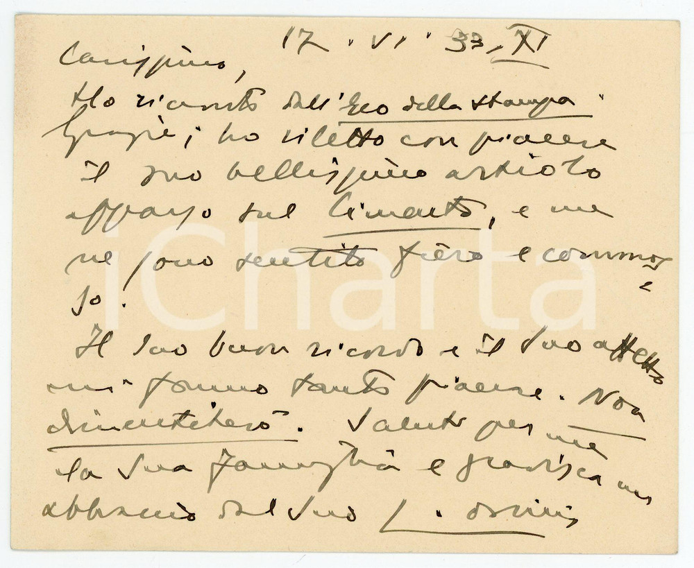 1933 IMOLA Luigi ORSINI ringrazia per articolo ricevuto - Biglietto AUTOGRAFO Biglietto interamente autografo del celebre poeta e scrittore.CONDIZIONI: G FORMATO: 15x12 cm      originale e autentica 1