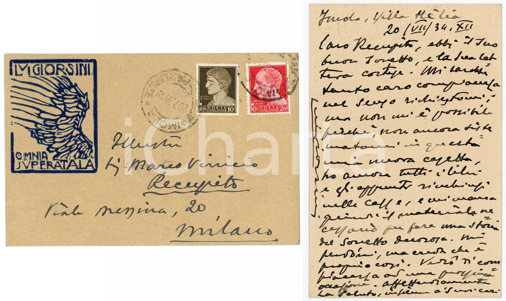 1934 IMOLA Luigi ORSINI dopo il trasloco a Villa Helia - Biglietto AUTOGRAFO Biglietto interamente autografo, viaggiato.Intestazione "Luigi Orsini - Omnia Superat Ala".CONDIZIONI: G FORMATO: 14x10 cm      originale e autentica 1
