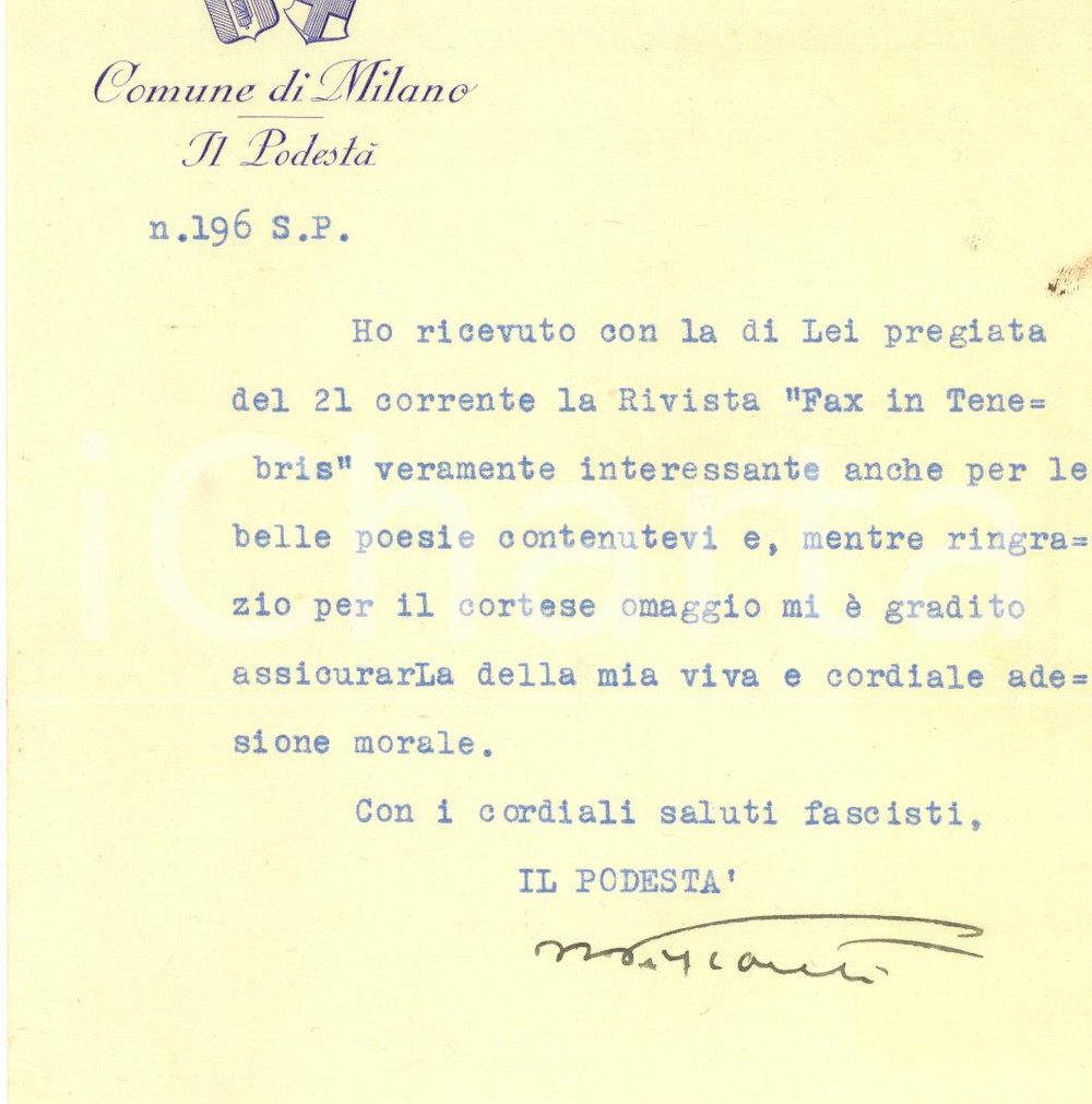 1930 MILANO Podestà Marcello VISCONTI DI MODRONE riceve rivista - AUTOGRAFO Lettera dattiloscritta, con firma autografa del podest&agrave; di Milano, su carta intestata del Comune.CONDIZIONI: F (piegature d'epoca; fori da classificatore al lato superiore)PAGINE: 1 scritta     originale e autentica 1