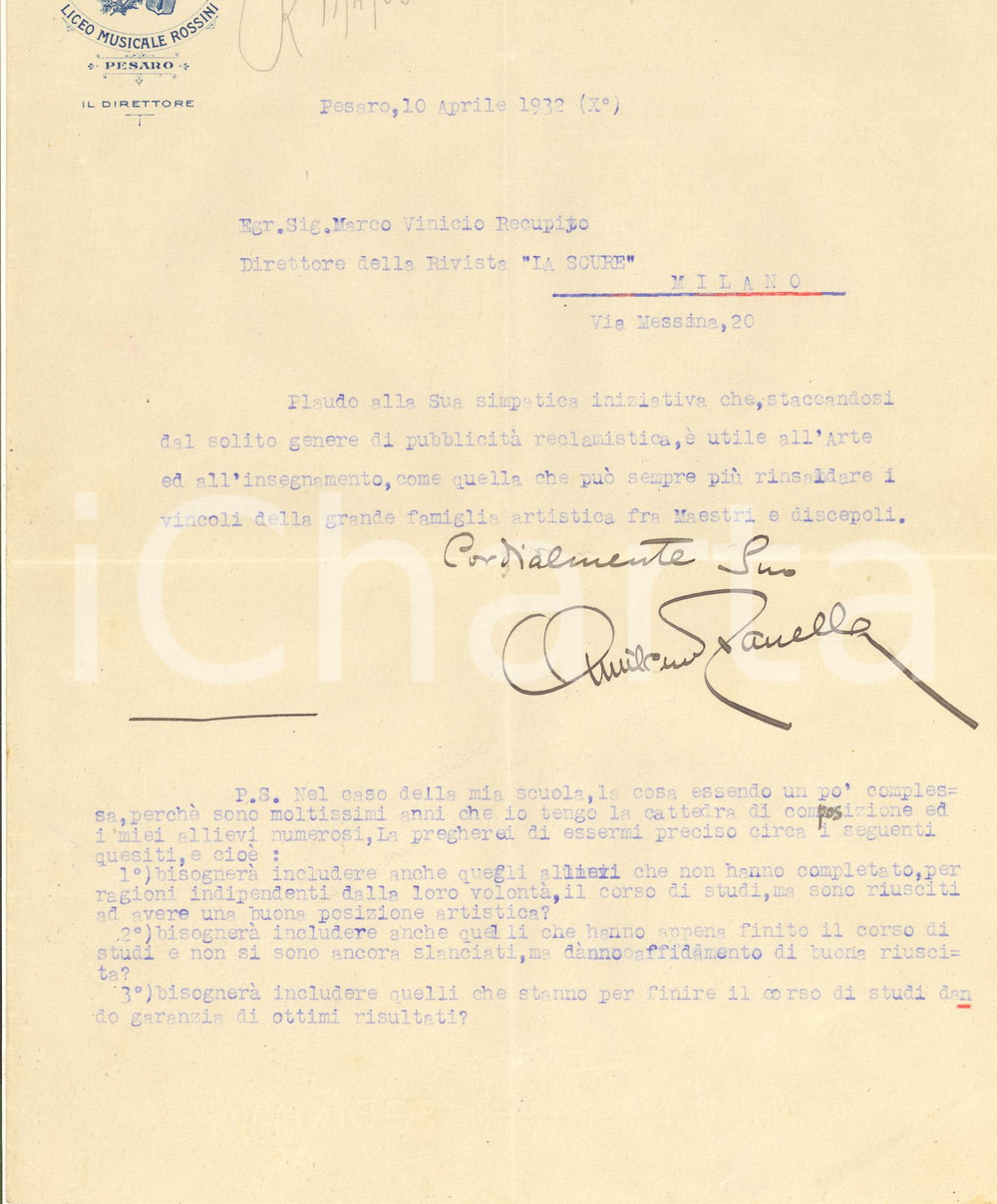 1932 PESARO Lettera Amilcare ZANELLA - Direttore Liceo ROSSINI - AUTOGRAFO Lettera dattiloscritta, con firma autografa, su carta intestata del liceo.CONDIZIONI: F (piegature d'epoca)PAGINE: 4 (1 scritta)     originale e autentica 1