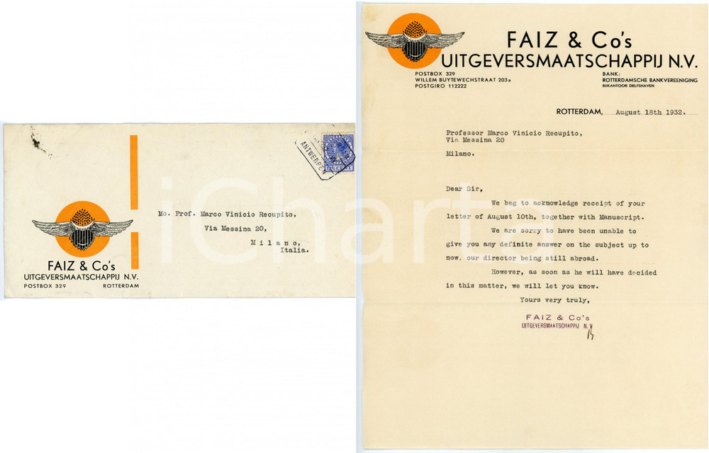 1932 ROTTERDAM - FAIZ & Co's Uitgeversmaatschappij N.V. ^Lettera commerciale Lettera dattiloscritta, su bella carta intestata, con busta viaggiata.CONDIZIONI: F (piegature d'epoca)PAGINE: 1     originale e autentica 1