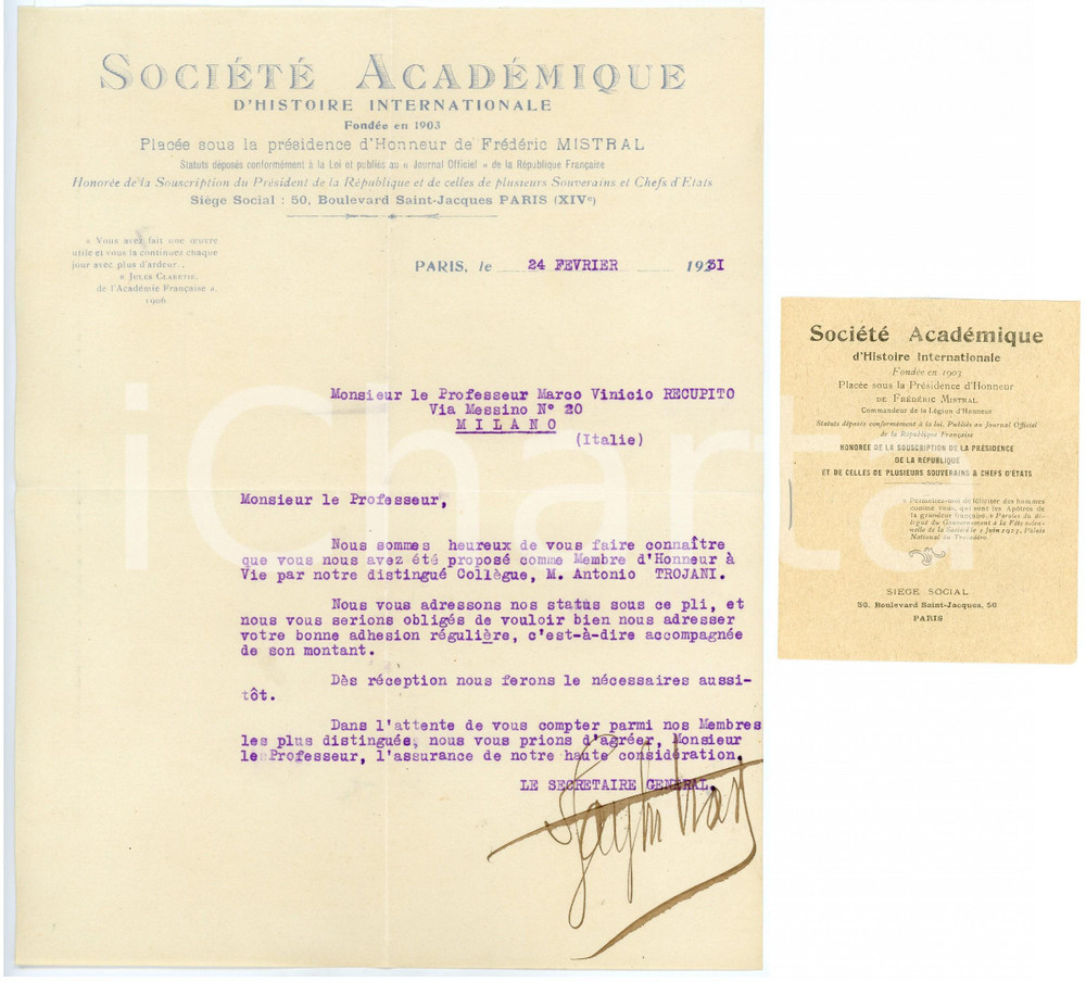 1931 PARIS Société Académique Histoire Internationale - Lettre et Statuts Lettera dattiloscritta, con firma autografa del segretario generale, su carta intestata.Unito lo statuto.Busta viaggiata.CONDIZIONI: F (piegature d'epoca)PAGINE: 1 + 8 (statuto)    originale e autentica 1