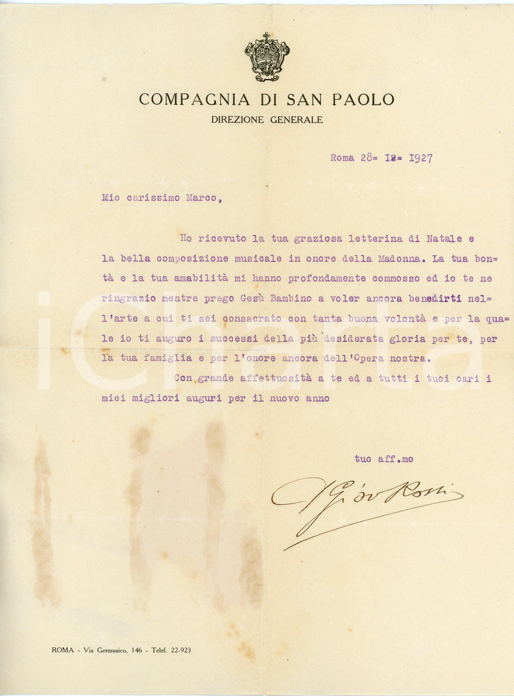 1927 ROMA Lettera don Giovanni ROSSI - COMPAGNIA S. PAOLO - AUTOGRAFO Lettera dattiloscritta con firma autografa di don Giovanni Rossi, con messaggio di ringraziamento.su carta intestata "Compagnia di San Paolo - Direzione Generale".CONDIZIONI: P (piegature d'epoca, vasto residuo cartaceo al retro)PAGINE: 1    originale e autentica 1