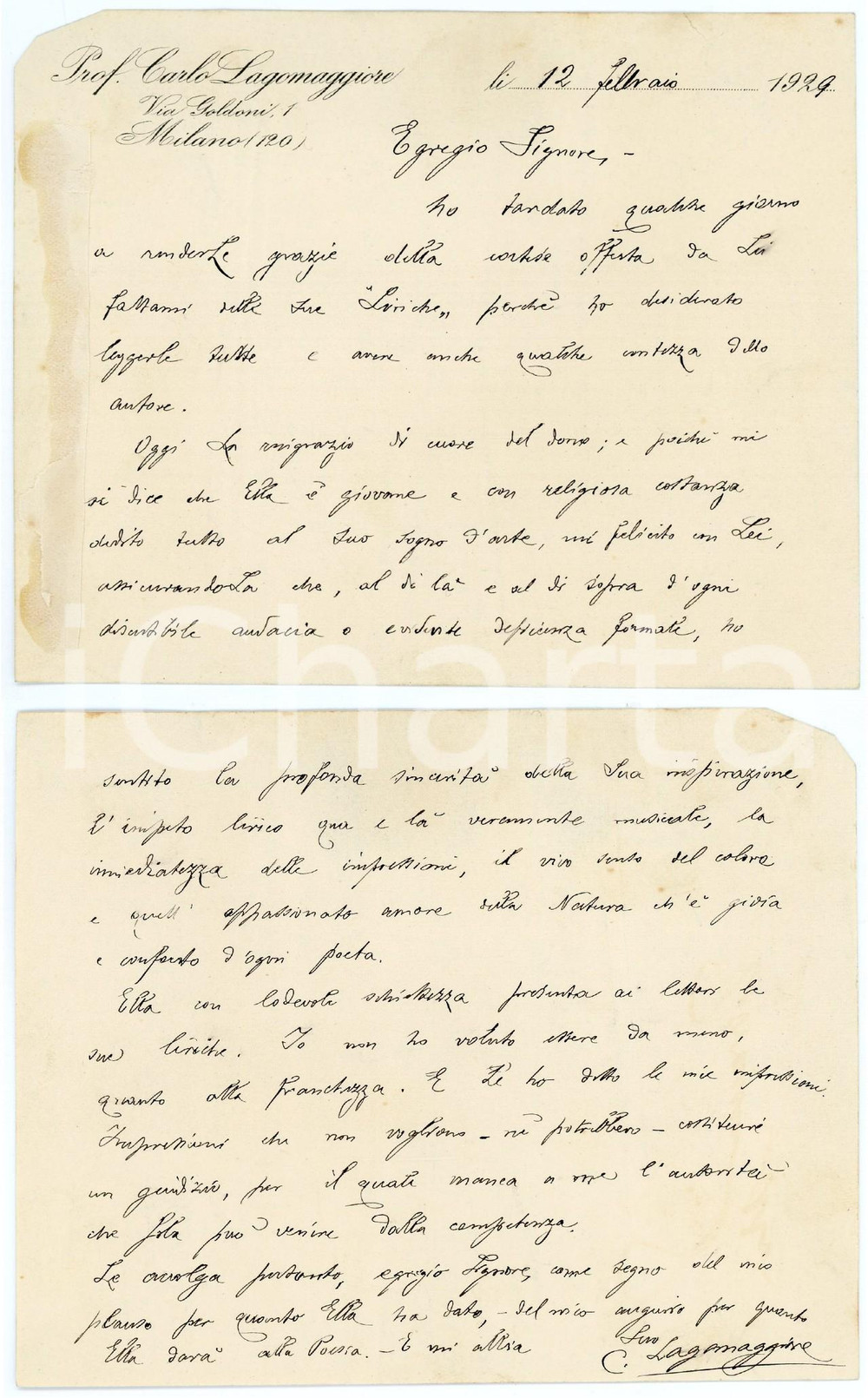 1929 MILANO Carlo LAGOMAGGIORE ringrazia per libro ricevuto - AUTOGRAFO Biglietto interamente autografo con messaggio di ringraziamento, intestato.Scritto su entrambe le facciate.CONDIZIONI: P (mancanza angolare, residuo cartaceo e di colla al margine sinistro)FORMATO: 15x12 cm    originale e autentica 1
