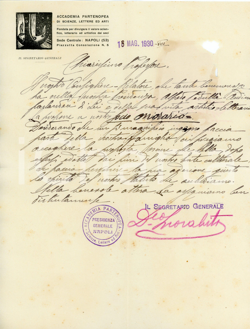 1930 NAPOLI Lettera Domenico MORABITO Accademia Partenopea - AUTOGRAFO Lettera autografa contenente la nomina di un socio onorario.Carta intestata "Accademia Partenopea di Scienze, Lettere ed Arti".CONDIZIONI: P (piegature d'epoca e strappi al lato superiore; residuo cartaceo al verso)PAGINE: 1    originale e autentica 1