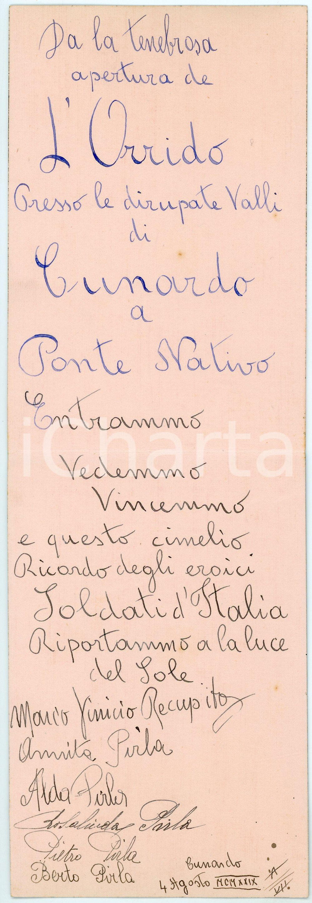 1929 ORRIDO DI CUNARDO Biglietto ricordo di visitatori - CURIOSO Curioso biglietto originale d'epoca, con messaggio manoscrittto di un gruppo di giovani escursionisti. CONDIZIONI: G (piccolo residuo cartaceo al verso)FORMATO: 13x9 cm(piegato)     originale e autentica 1