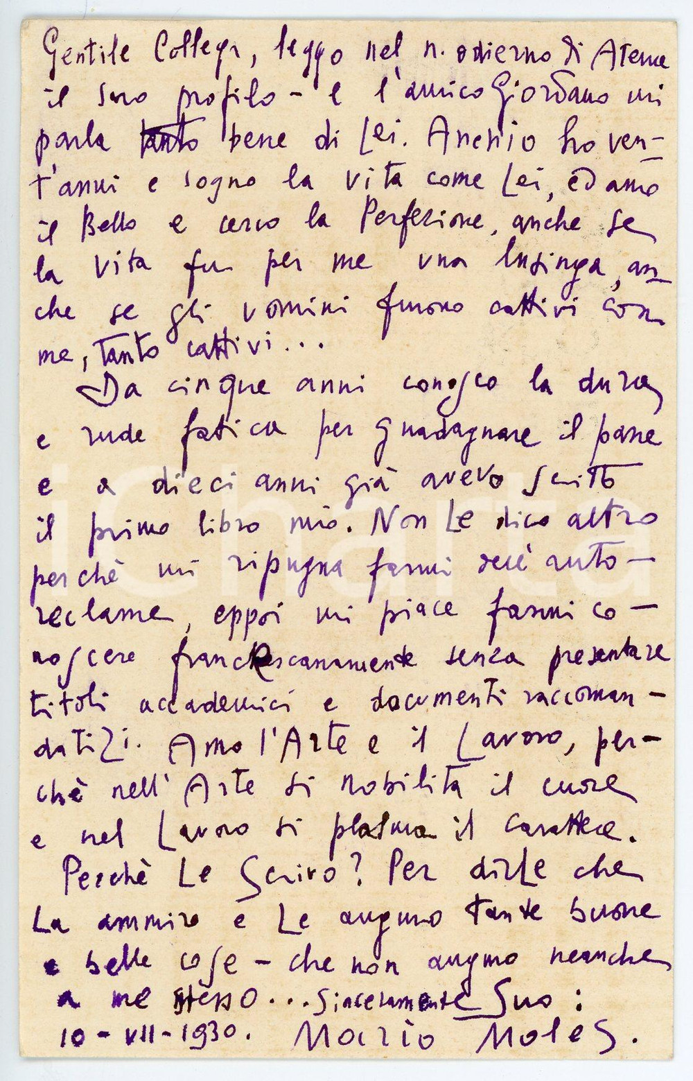 1930 NAPOLI Mario MOLES "Amo l'Arte e il Lavoro" - Cartolina UTET AUTOGRAFO Cartolina postale autografa, con intestazione della casa editrice UTET. CONDIZIONI: P (vasto residuo cartaceo al verso)FORMATO: 9x14 cm    originale e autentica 1