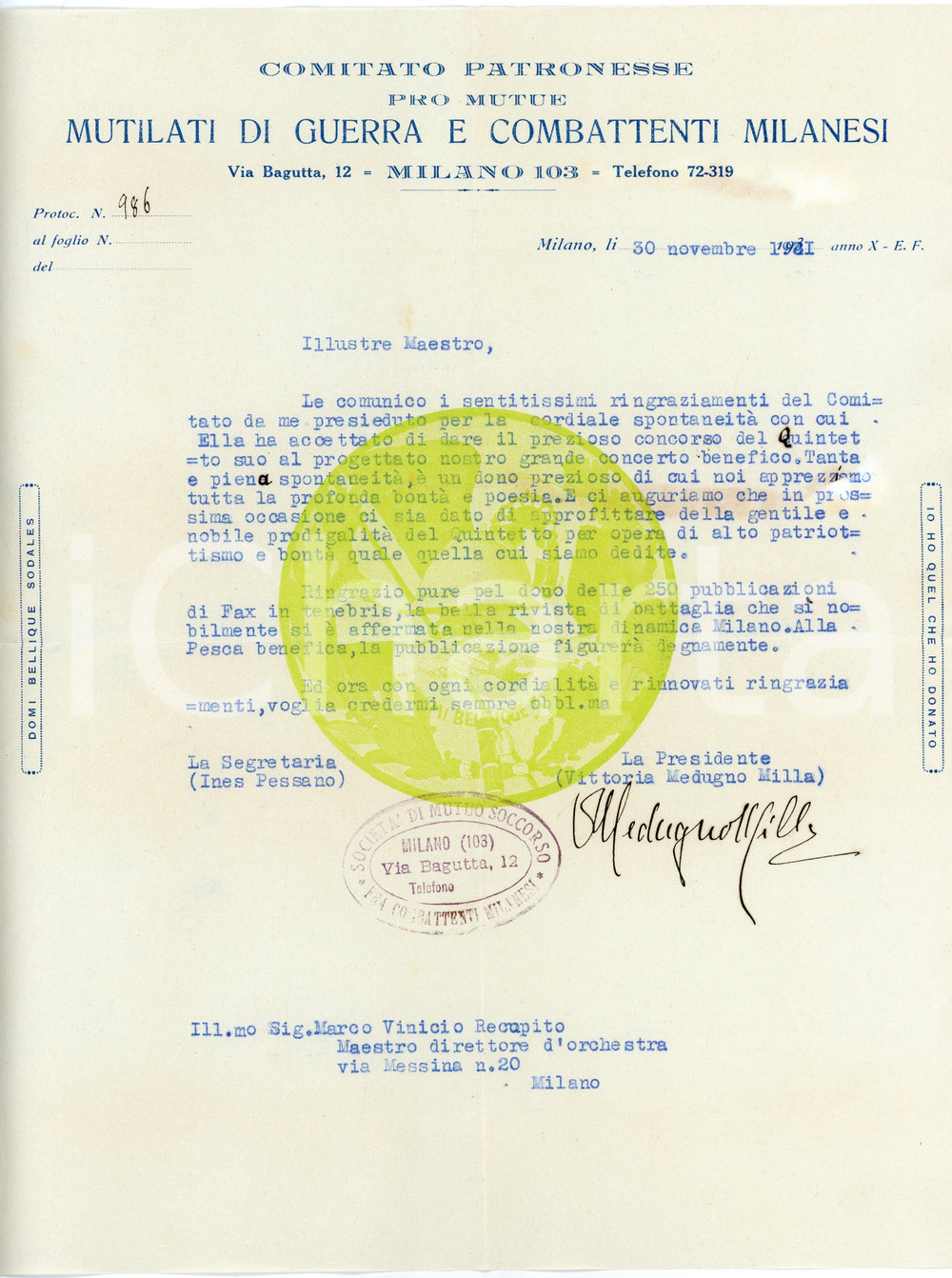 1931 MILANO Lettera Vittoria MEDUGNO MILLA - Combattenti milanesi - AUTOGRAFO Lettera dattiloscritta, con firma autografa di Vittoria Medugno Milla, presidentessa  del Comitato patronesse - Mutilati di Guerra e Combattenti Milanesi.CONDIZIONI: P (piegature d'epoca; piccolo strappo centrale; residuo cartaceo e di colla al verso)PAGINE: 1     originale e autentica 1