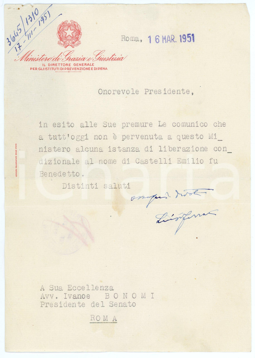 1951 ROMA Lettera Luigi FERRARI Direttore Istituti Prevenzione e Pena AUTOGRAFO Lettera dattiloscritta, con firma autografa del magistrato.Su carta intestata "Ministero di Grazia e Giustizia - Direttore generale per gli Istituti di Prevenzione e di Pena". CONDIZIONI: FAIR (piegature d'epoca; minimi fori da spillatrice all'angolo superiore sinistro)PAGINE: 1    originale e autentica 1