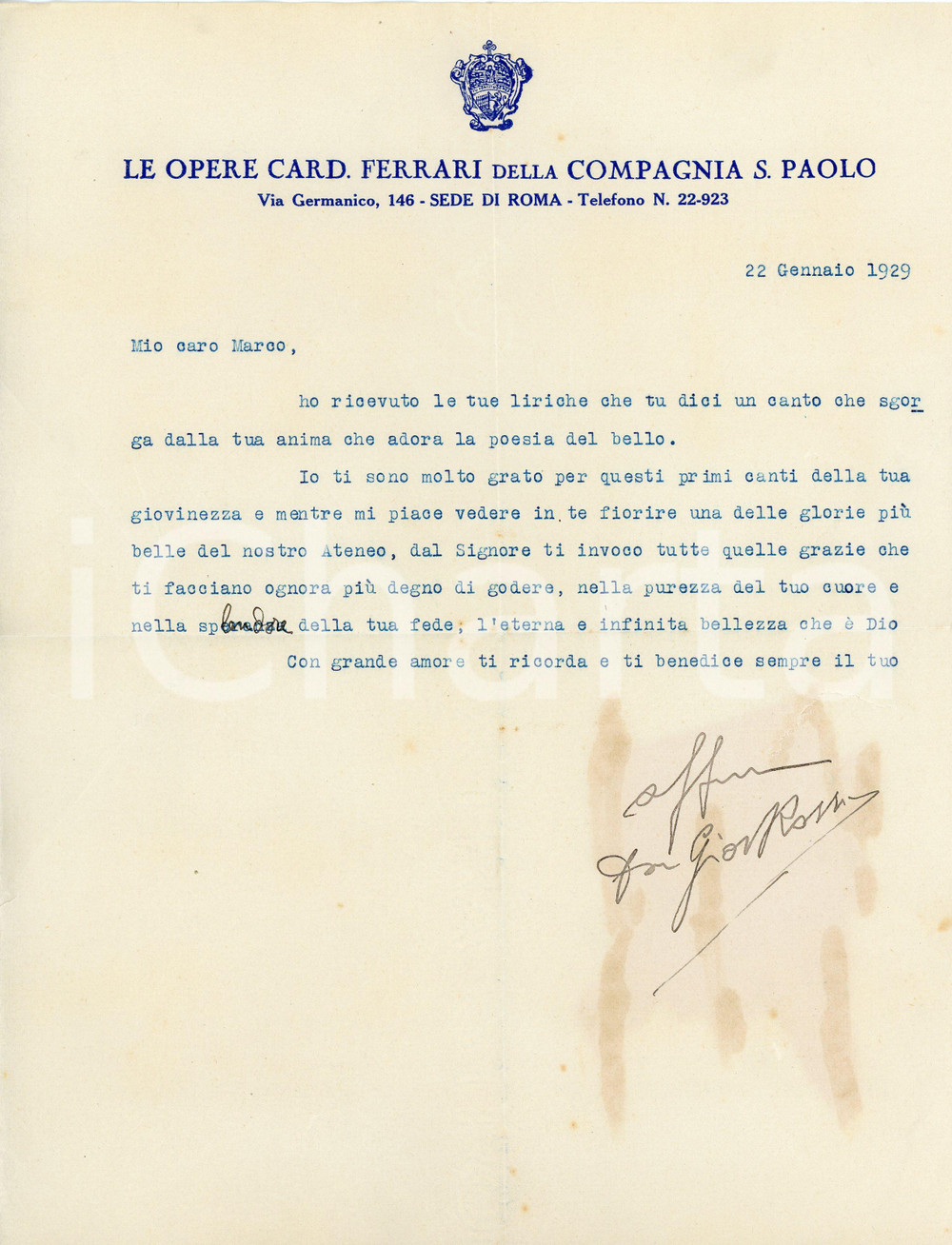1929 ROMA Lettera don Giovanni ROSSI - COMPAGNIA S. PAOLO - AUTOGRAFO Lettera dattiloscritta con firma autografa di don Giovanni Rossi, su carta intestata "Le opere Card. Ferrari della Compagnia S. Paolo".CONDIZIONI: P (piegature d'epoca, strappo al lato destro, vasto residuo cartaceo al retro)PAGINE: 1    originale e autentica 1