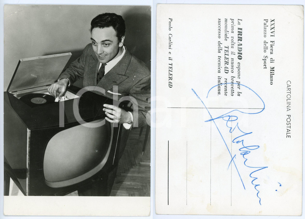 1958 Attore Paolo CARLINI con TELERAD IRRADIO- Foto seriale con AUTOGRAFO 10x15 Fotografia seriale d'epoca con autografo al verso. CONDIZIONI: P (piegature al lato destro e all'angolo superiore sinistro)FORMATO: 10x15 cm    originale e autentica 1