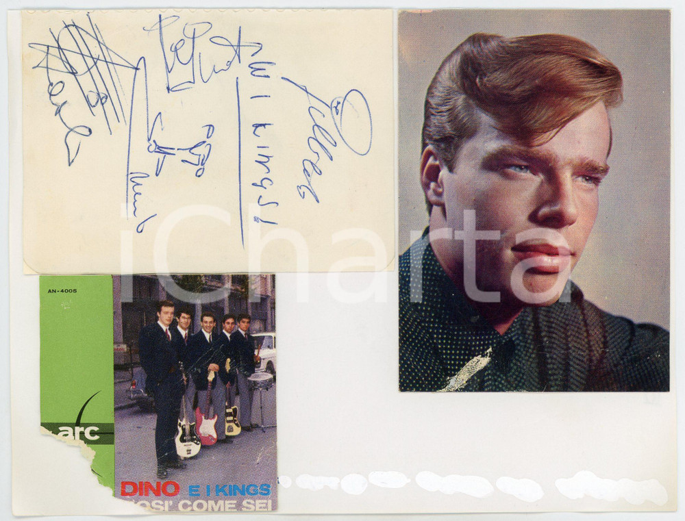 1965 ca DINO (Eugenio ZAMBELLI) e i KINGS  - Collage foto con AUTOGRAFI Collage realizzato con le fotografie seriali di Dino e i Kings, con autografi dei componenti. CONDIZIONI: P (mancanza all'immagine di gruppo, residui cartacei al retro)FORMATO: 14x18 cm    originale e autentica 1
