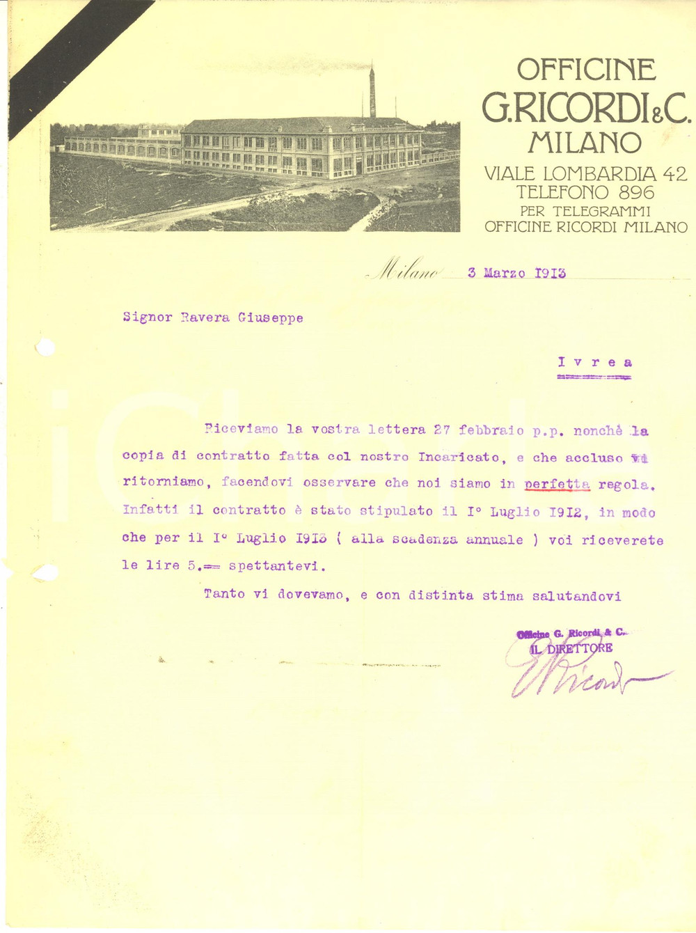 1913 MILANO Officine G. Ricordi - Lettera Tito II RICORDI direttore - AUTOGRAFO Lettera dattiloscritta, con firma autografa.Su carta intestata.CONDIZIONI: F (piegature d'epoca e fori da classificatore con piccolo strappo al lato sinistro)PAGINE: 1     originale e autentica 1