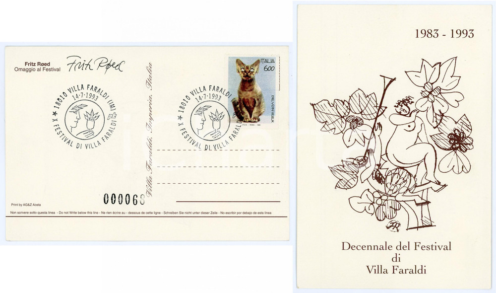 1993 X Festival VILLA FARALDI - Cartolina Fritz RØED con AUTOGRAFO 15x10 cm Cartolina postale con annullo del primo giorno e autografo dello scultore.Tiratura limitata (esemplare n&deg; 000067).CONDIZIONI: GFORMATO: FG    originale e autentica 1