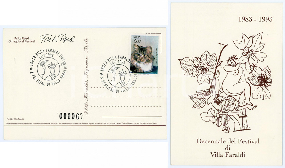1993 X Festival VILLA FARALDI - Cartolina Fritz RØED - AUTOGRAFO 15x10 cm Cartolina postale con annullo del primo giorno e autografo dello scultore.Tiratura limitata (esemplare n&deg; 000067).CONDIZIONI: GFORMATO: FG    originale e autentica 1