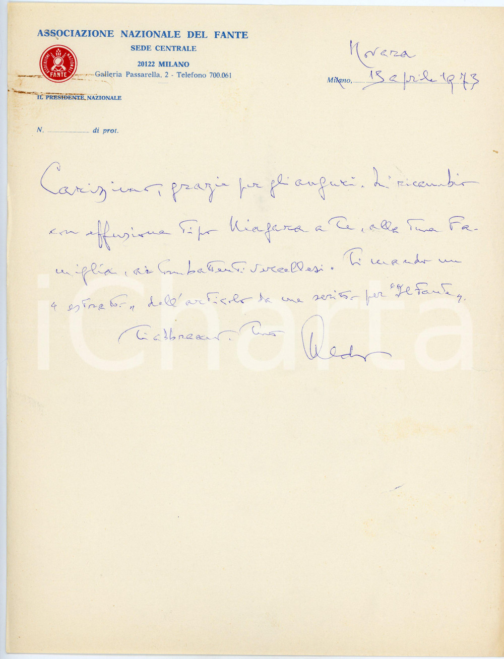 1973 NOVARA Lettera Aldo ROSSINI - Associazione Nazionale del Fante - AUTOGRAFO Lettera interamente autografa, su carta intestata.CONDIZIONI: F (piegatura centrale d'epoca e tracce di ruggine al lato sinistro)PAGINE: 1     originale e autentica 1