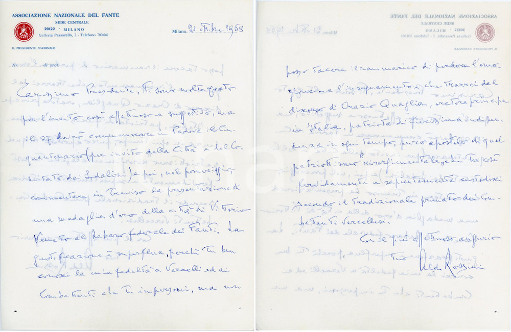 1968 MILANO Lettera Aldo ROSSINI - Associazione Nazionale del Fante - AUTOGRAFO Lettera interamente autografa, su carta intestata.CONDIZIONI: G (piegature d'epoca)PAGINE: 1 (2 facciate)    originale e autentica 1