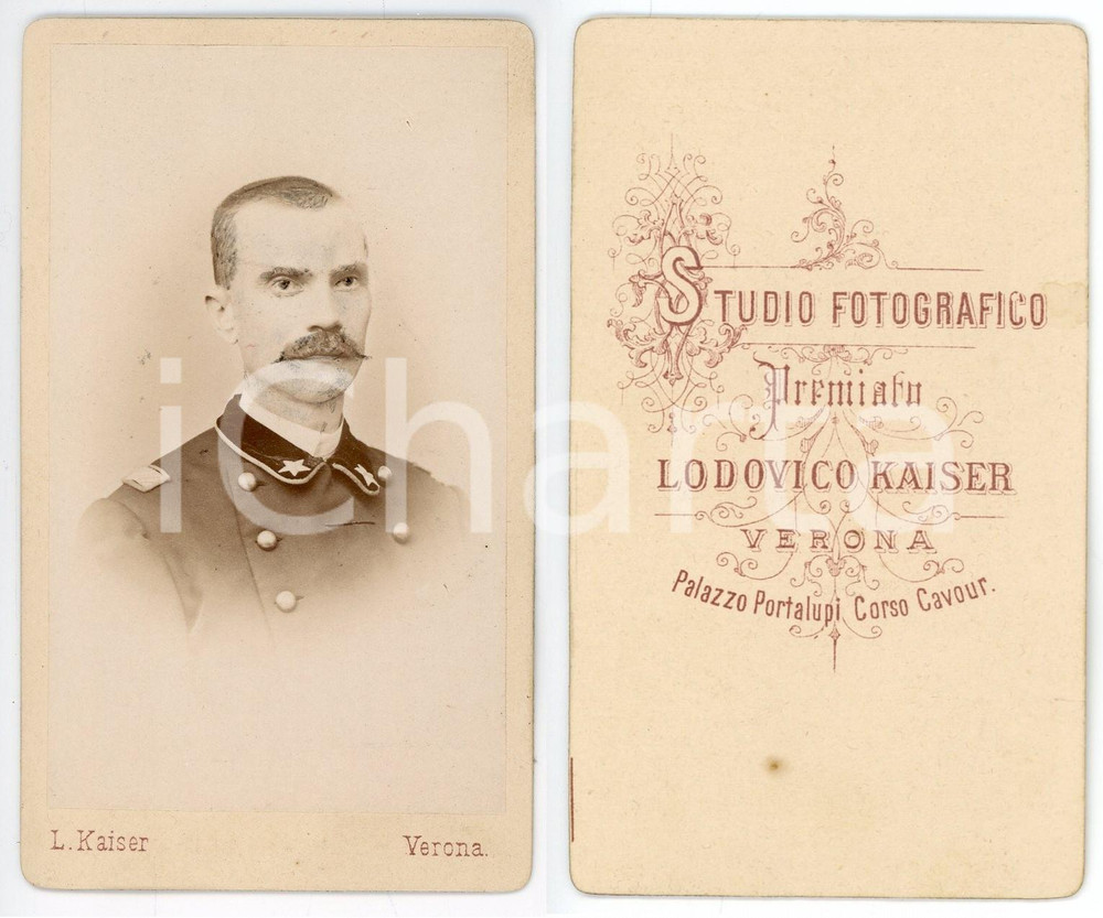 1900 ca VERONA Ritratto di militare - Foto Lodovico KAISER - CDV  Fotografia originale d'epoca.FOTOGRAFO: Lodovico Kaiser - VeronaCONDIZIONI: FAIRFORMATO: CDV    originale e autentica 1