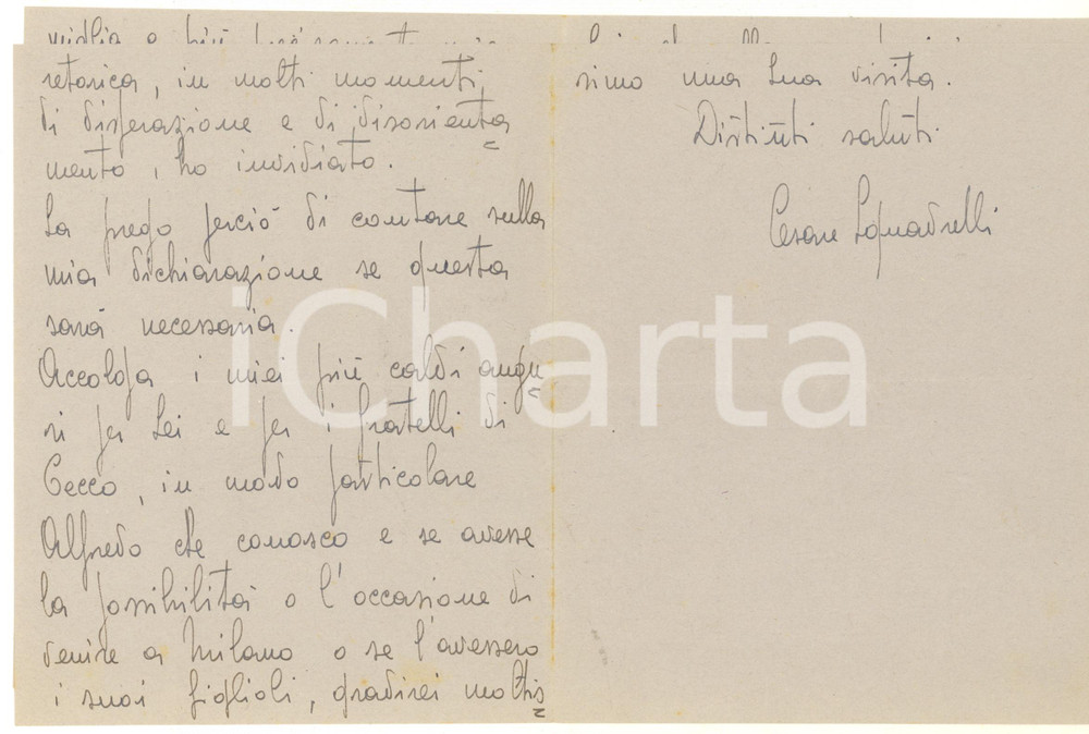 1943 WW2 RSI Lettera Cesare SQUADRELLI  al padre di un caduto - AUTOGRAFO Lettera autografa dell'alpino e combattente RSI Cesare Maria Squadrelli, indirizzata al padre di commilitone caduto, cui offre aiuto (con ogni probabilit&agrave;) per ottenere la restituzione della salma.PAGINE: 7 facciate GOOD/buono piegature d'epoca  originale e autentica 1
