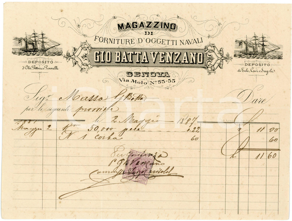 1887 GENOVA Gio Batta VENZANO Forniture d'oggetti navali - Fattura Fattura commerciale d'epoca, su carta intestata, manoscritta, illustrata. CONDIZIONI: FAIR (piegature d'epoca, lievi bruniture)PAGINE: 1    originale e autentica 1