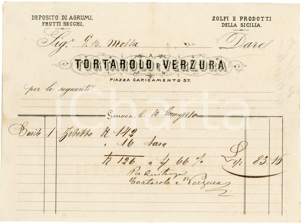 1880 GENOVA Deposito TORTAROLO E VERZURA Prodotti siciliani Fattura per ZIBIBBO Fattura commerciale d'epoca, su carta intestata, manoscritta, illustrata. CONDIZIONI: FAIR (piegature d'epoca)PAGINE: 1    originale e autentica 1