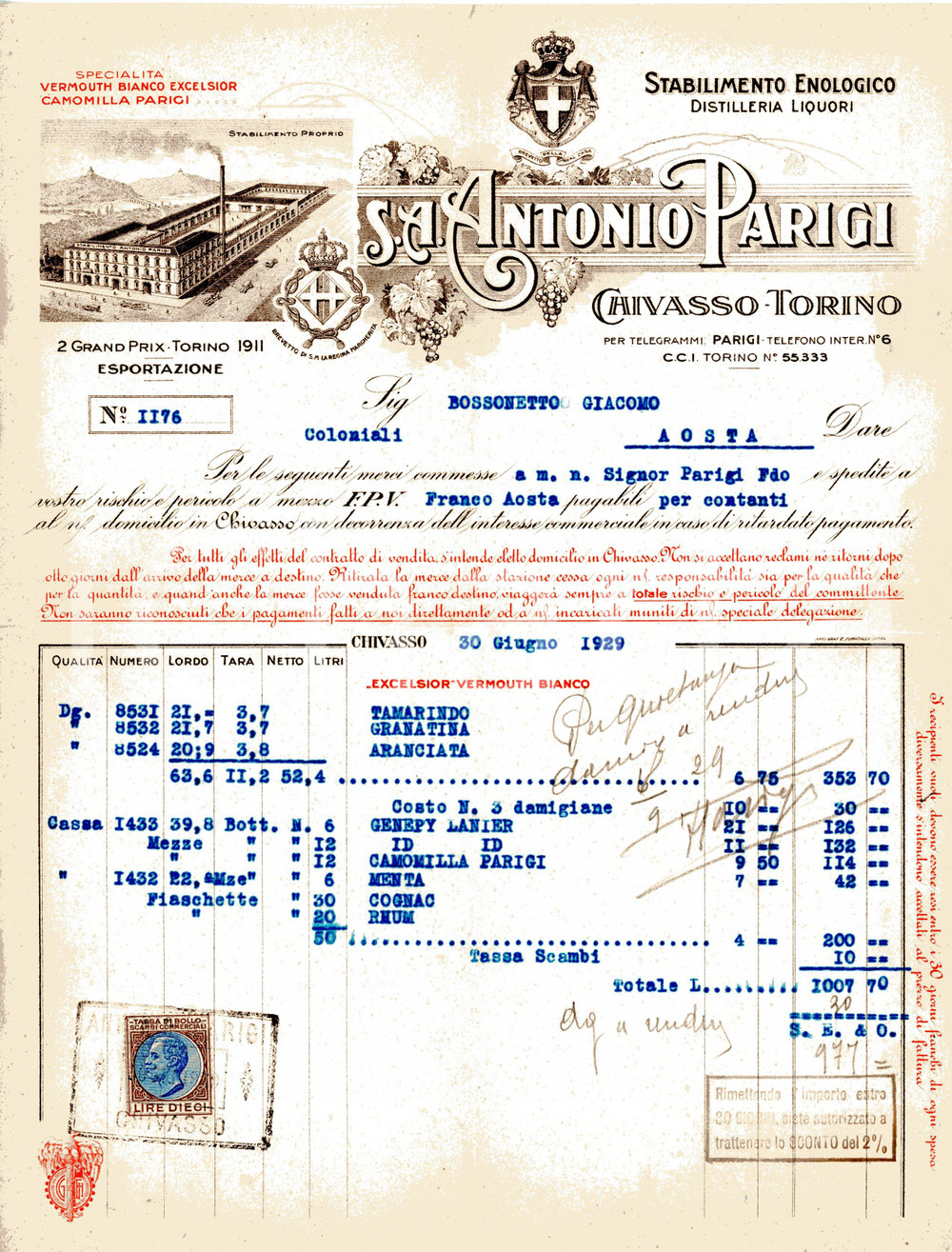 1929 CHIVASSO Stabilimento enologico Antonio PARIGI Fattura Fattura commerciale d'epoca, su carta intestata, dattiloscritta, illustrata. CONDIZIONI: FAIR (piegature d'epoca)PAGINE: 1    originale e autentica 1