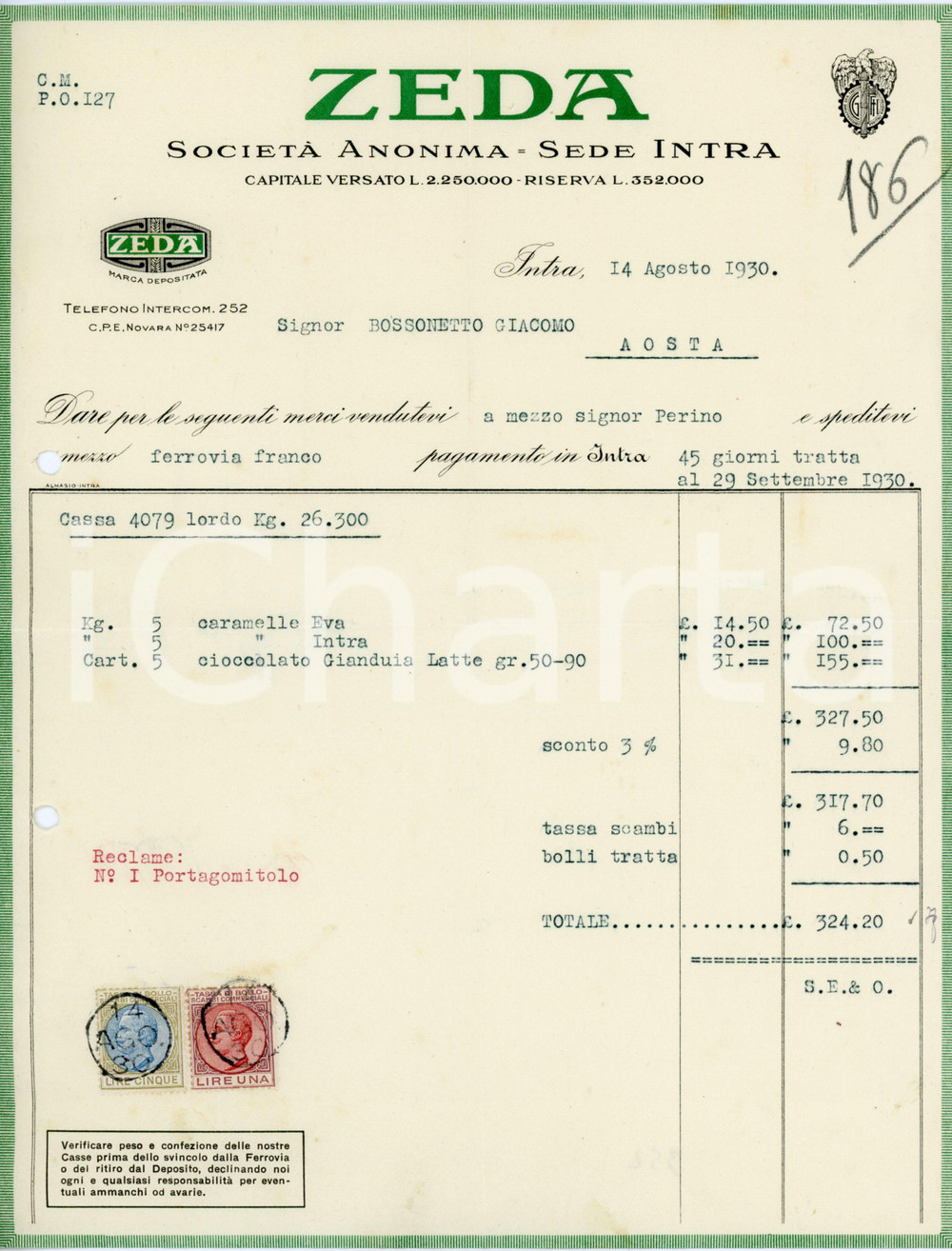 1930 INTRA SocietÃ  Anonima ZEDA Fattura per caramelle e cioccolato Fattura commerciale d'epoca, su carta intestata, dattiloscritta, illustrata. CONDIZIONI: POOR (piegature d'epoca, fori da classificatore al margine sinistro)PAGINE: 1    originale e autentica 1