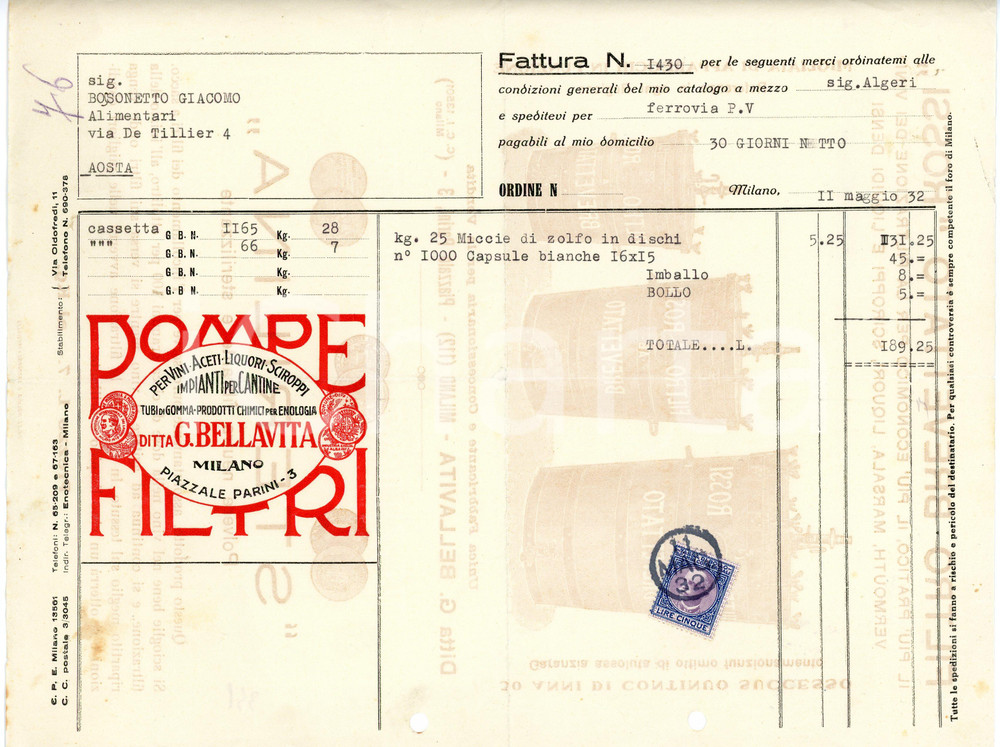 1932 MILANO Ditta G. BELLAVITA Pompe e filtri per vini e liquori - Fattura Fattura commerciale d'epoca, su carta intestata, dattiloscritta, illustrata. Al verso illustrazioni dei prodotti venduti.CONDIZIONI: FAIR (piegature d'epoca)PAGINE: 1    originale e autentica 1