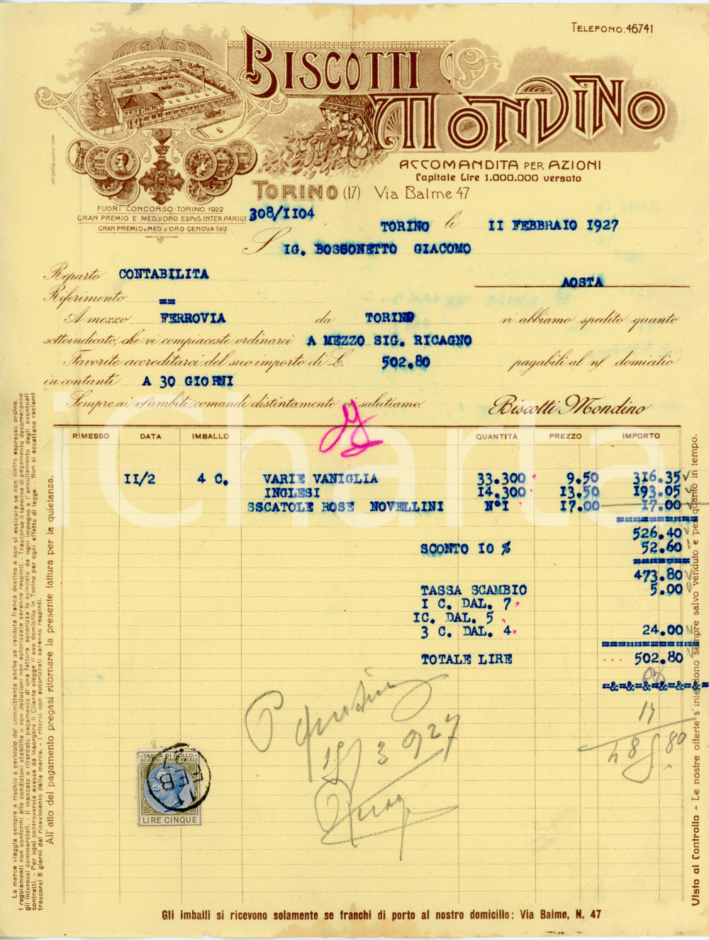1927 TORINO Biscotti MONVINO - Fattura ILLUSTRATA Fattura commerciale d'epoca, su carta intestata, dattiloscritta, illustrata. CONDIZIONI: FAIR (piegature d'epoca, alone al margine superiore)PAGINE: 1    originale e autentica 1