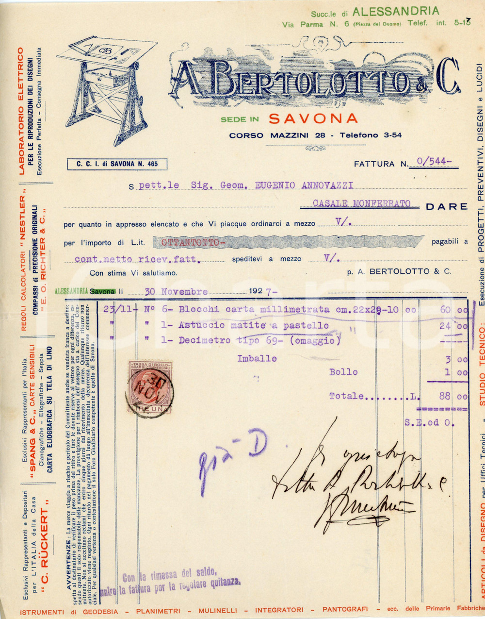 1927 SAVONA Ditta A. BERTOLOTTO & C. Articoli per cartolerie - Fattura Fattura commerciale d'epoca, su carta intestata, dattiloscritta, illustrata. CONDIZIONI: FAIR (piegature d'epoca)PAGINE: 1    originale e autentica 1