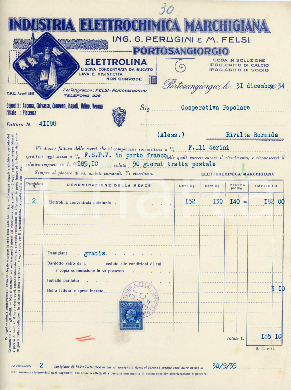 1934 PORTO SAN GIORGIO Industria Elettrochimica Marchigiana - Fattura Fattura commerciale d'epoca, su carta intestata, dattiloscritta. CONDIZIONI: FAIR (piegature d'epoca, lievi gualciture ai margini)PAGINE: 1    originale e autentica 1