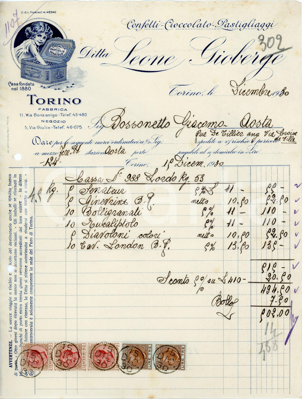 1930 TORINO Ditta Leone GIOBERGE Confetti, cioccolato e pastigliaggi - Fattura Fattura commerciale d'epoca, su carta intestata, manoscritta. CONDIZIONI: POOR (piegature d'epoca, fori da classificatore al margine sinistro)PAGINE: 1    originale e autentica 1