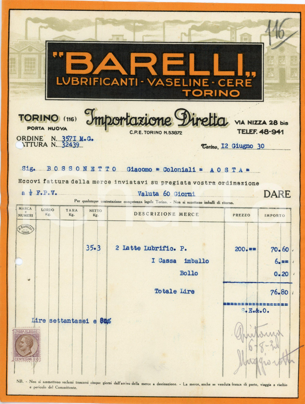 1930 TORINO Lubrificanti BARELLI Vaseline e cere - Fattura Fattura commerciale d'epoca, su carta intestata, dattiloscritta. CONDIZIONI: POOR (piegature d'epoca e fori da classificatore al margine sinistro)PAGINE: 1    originale e autentica 1