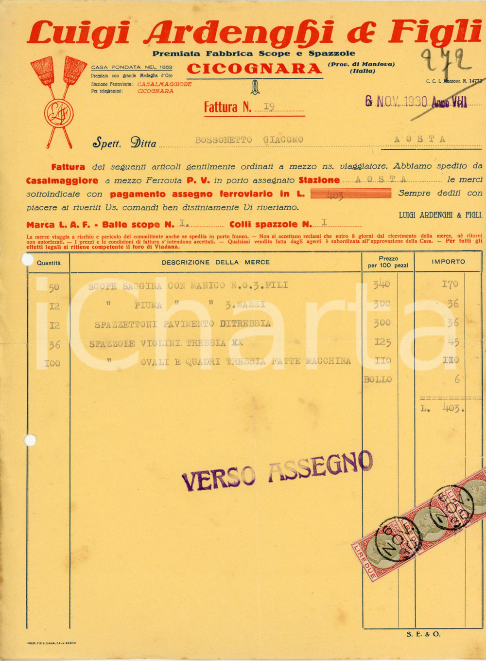 1930 CICOGNARA Luigi ARDENGHI & FIGLI Fabbrica scope e spazzole - Fattura Fattura commerciale d'epoca, su carta intestata, manoscritta. CONDIZIONI: POOR (piegature d'epoca e fori da classificatore al margine sinistro, strappi ai margini destro e sinistro in prossimit&agrave; della piegatura centrale)PAGINE: 1    originale e autentica 1